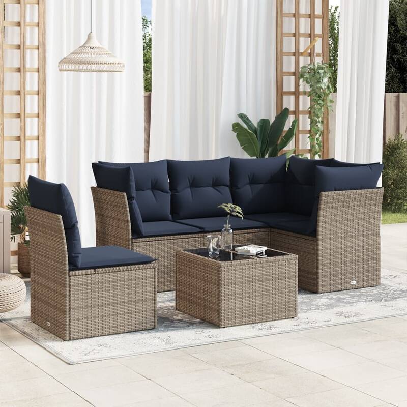 vidaXL 5/6 Piece Patio Sofa Set with Cushions Brown/Gray Poly Rattan - 24.4 x 24.4 x 27.2 - Beige and gray With table