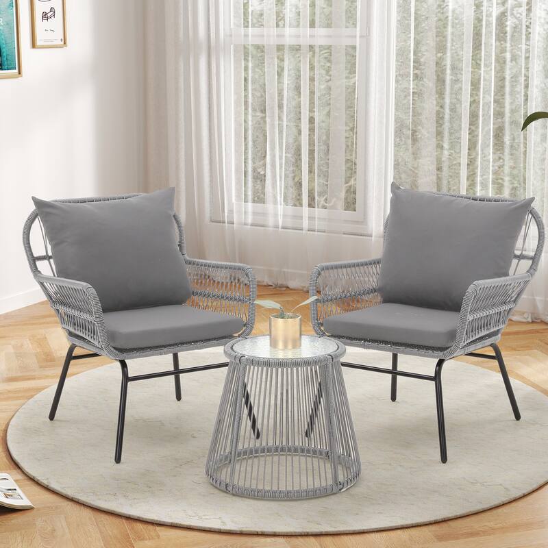 3-Piece Patio Conversation Bistro Set, Outdoor Rattan Furniture Set with Glass Table & 2 Wide Armchairs, Seat Cushions