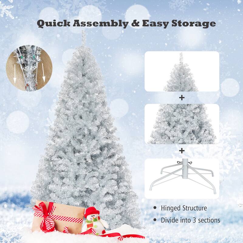 Gymax 7.5 FT Silver Tinsel Christmas Tree Artificial Hinged Tree - See Details