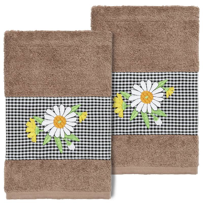 Authentic Hotel and Spa 100% Turkish Cotton Daisy 2PC Embellished Hand Towel Set - Latte