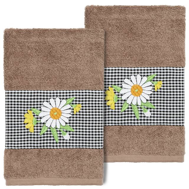 Authentic Hotel and Spa 100% Turkish Cotton Daisy 2PC Embellished Hand Towel Set - Latte