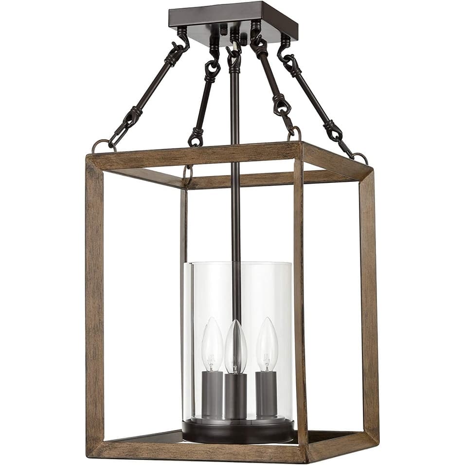 Piacenza Vintage Square Cage Semi Flush Ceiling Lights & Chandelier, 3 Lights , Clear Glass Shade - Bronze
