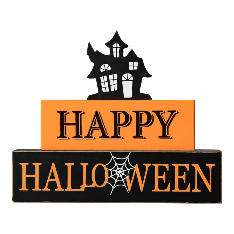 Glitzhome 9.5"L Happy Halloween Wooden Haunted House Block Sign - Block Sign