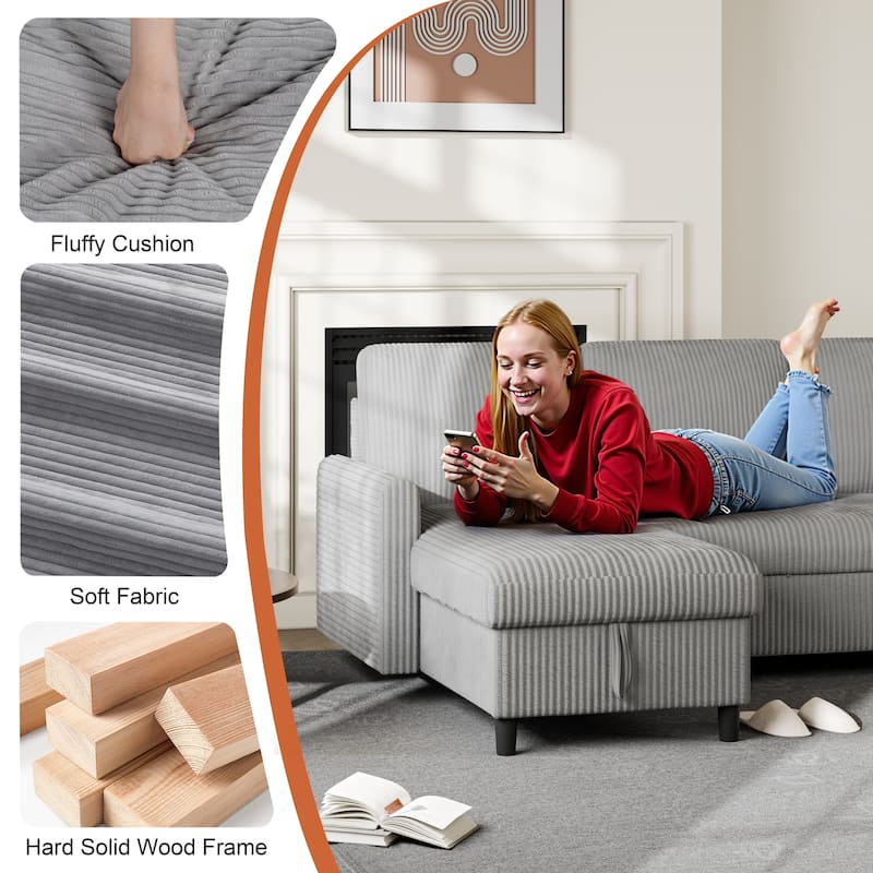 Futzca 3-in-1 Convertible Corduroy Sofa Bed with Storage, L-Shaped Sectional Couch