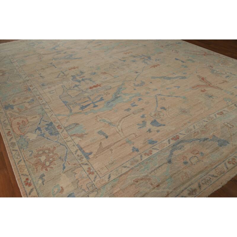 Floral Pink Oushak Turkish Area Rug Hand-Knotted Wool Carpet - 9'7"x 12'0"