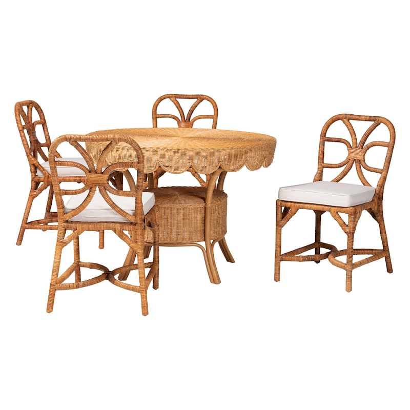 Trenton 5-Piece Rattan Dining Set - Round Wicker Table with Scallop Edge and 4 Side Chairs, Handwoven Boho Coastal Style - Light Honey