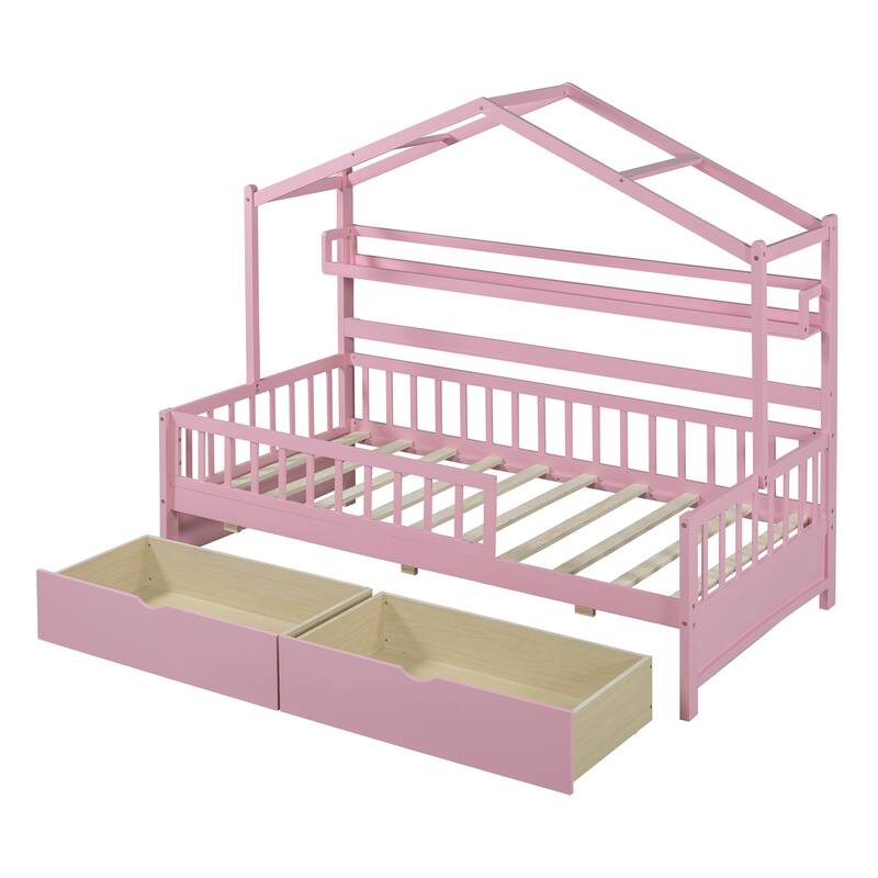Wood House Bed with 2 Drawers, Kids Bed with Storage Shelf