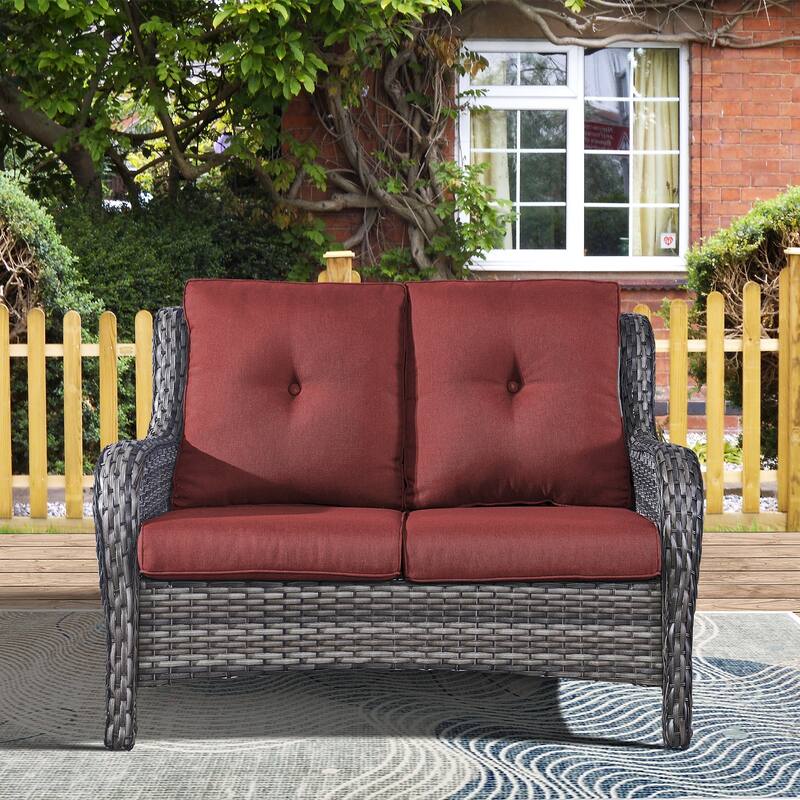 Pocassy Outdoor Loveseat Sofa 2-Seat PE Rattan - Grey - Red