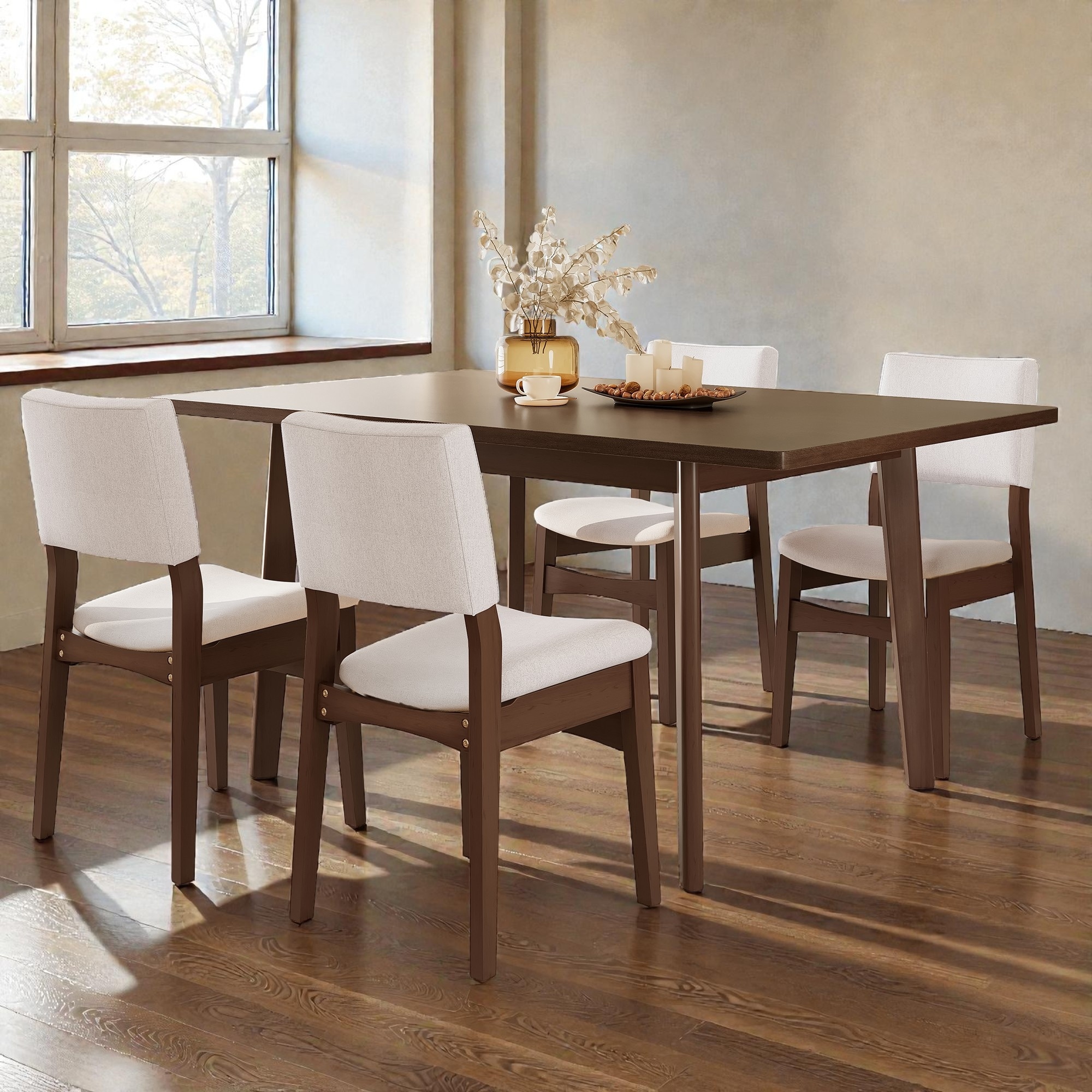 5-Piece Dining Table Set with Rectangular Table and Upholstered Linen Chairs, Solid Wood Legs, Stackable Chairs Dining Set