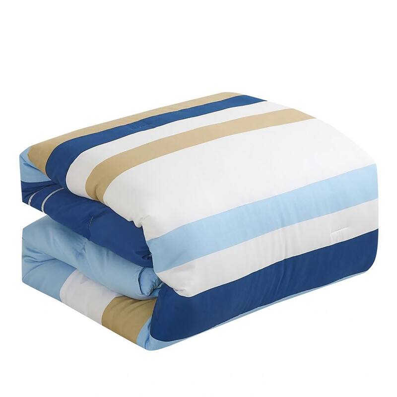 9 Piece Comforter Set Blue White Beige Striped Sea Life Marine Modern Embroidery Soft Bedding