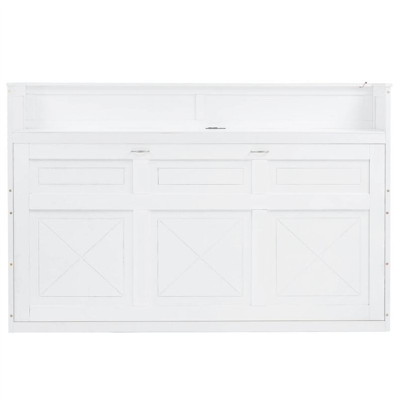 Twin XL Size Murphy Bed with Desk and LED Light, Wooden Murphy Wall Bed with USB Charging Station, Foldable Murphy Bed Cabinet