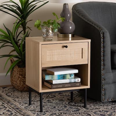 Sherwin Mid-Century Modern Light Brown and Black 1-Drawer End Table with Woven Rattan Accent