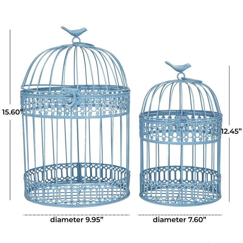 Metal Birdcage with Latch Lock Closure and Hanging Hook - Set of 2 Blue or White - Roche River Decor