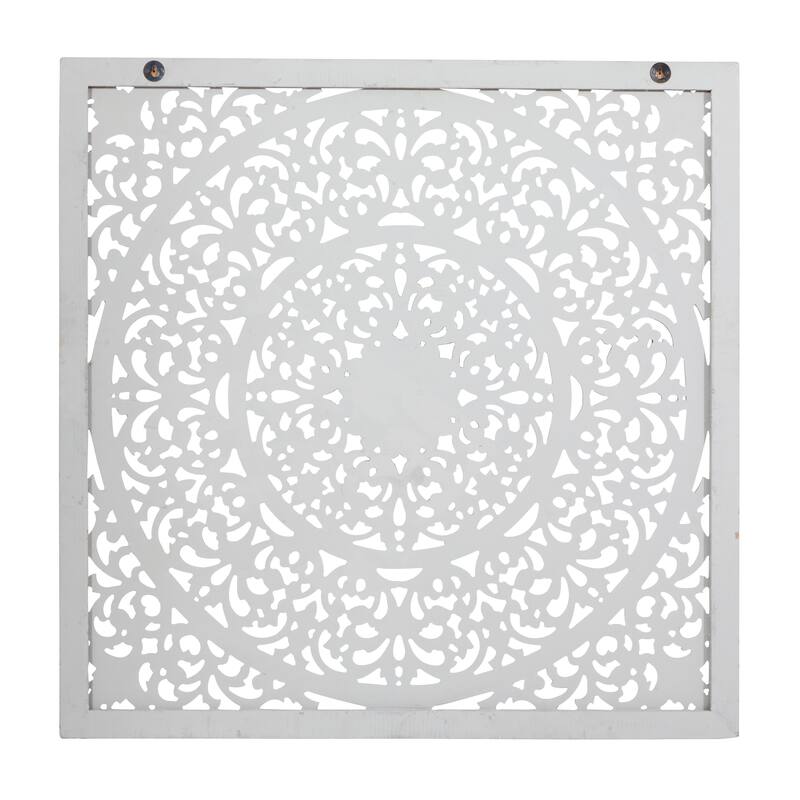 Gray Wooden Handmade Carved Scroll Mandala Floral Home Wall Decor with Brown Distressing