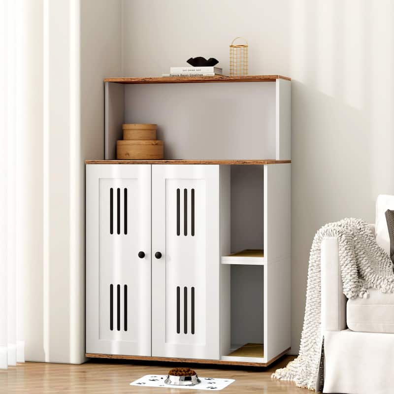 Litter Box Enclosure for 2 Cats, Hidden cat furniture, double litter cabinet, can be used as side cabinet, wash bathroom - White+Walnut