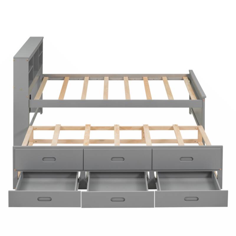 Twin Size Platform Bed with Storage Headboard, USB, Twin Size Trundle and 3 Drawers