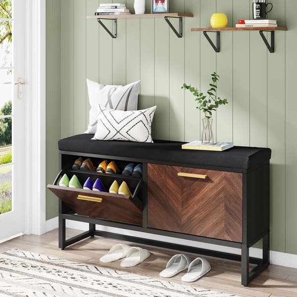 Trironsun Bamboo 2-Tier Shoe Storage Bench With Cushion - Small Entryway, Hallway Organizer