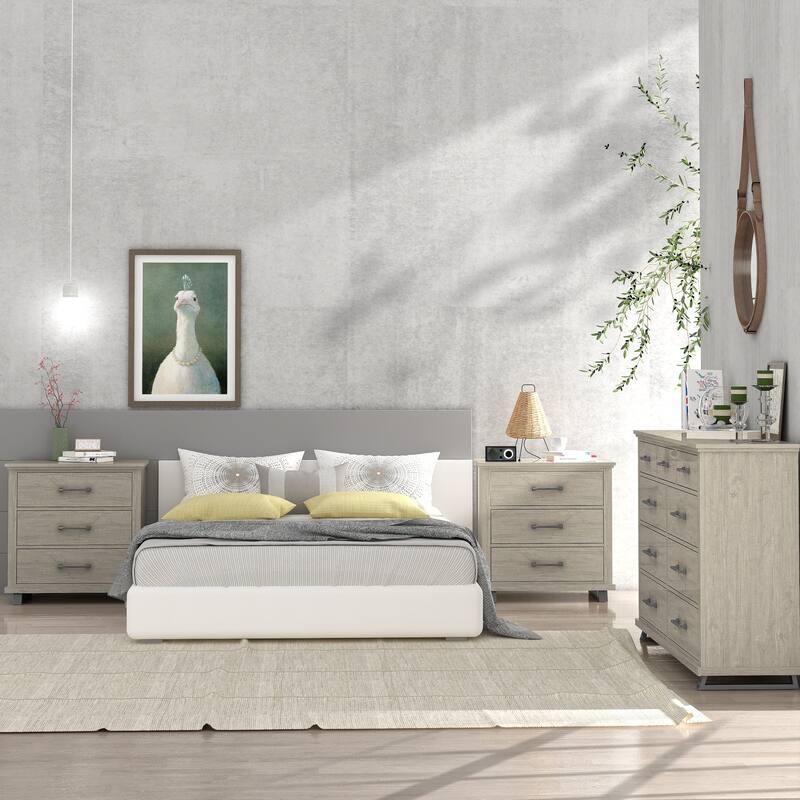 Farmhouse-inspired 3-Piece Bedroom Set - 2 Nightstands and 1 Dresser - Beige