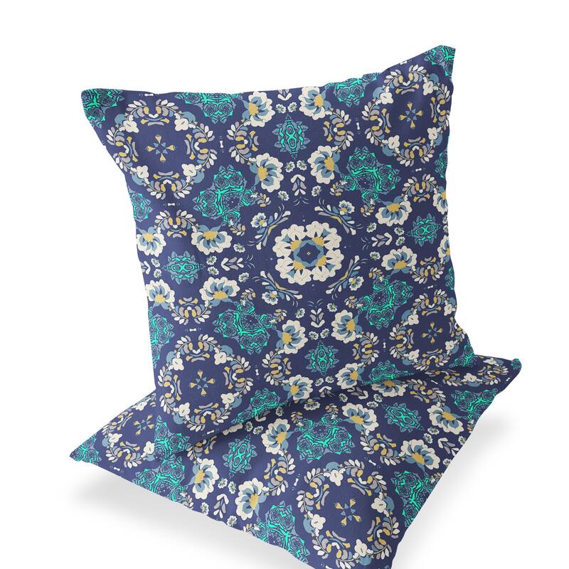 HomeRoots Set of Two 16" X 16" Blue and White Blown Seam Floral Indoor Outdoor Throw Pillow - 16.00' X '16.00' X '5.00