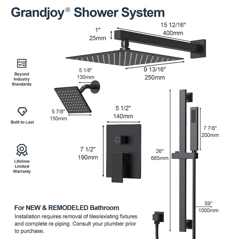 GRANDJOY Shower Faucet Set 10 and 6 inch Wall Mount Rainfall Dual Shower Heads with Handheld Shower Spray Combo High Pressure