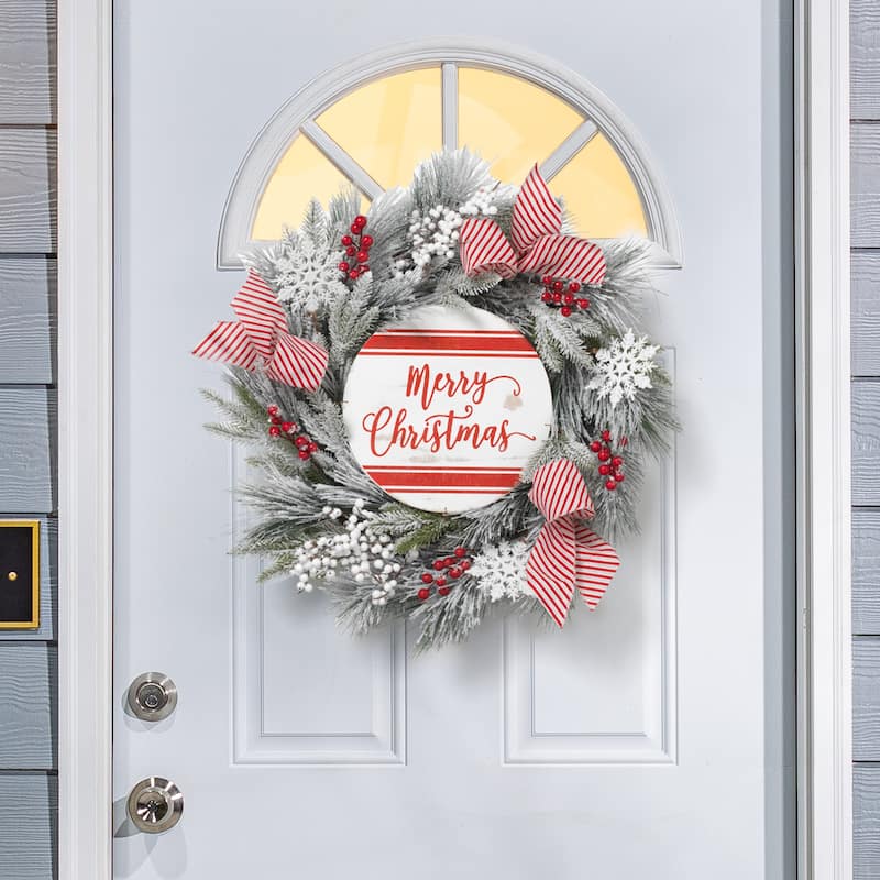 24 in Flocked Merry Christmas Wreath with Snowflakes - N/A