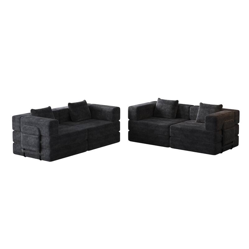 Corduroy Modular Sleeper Sofa Bed with Side Pockets and Anti-slip Pads