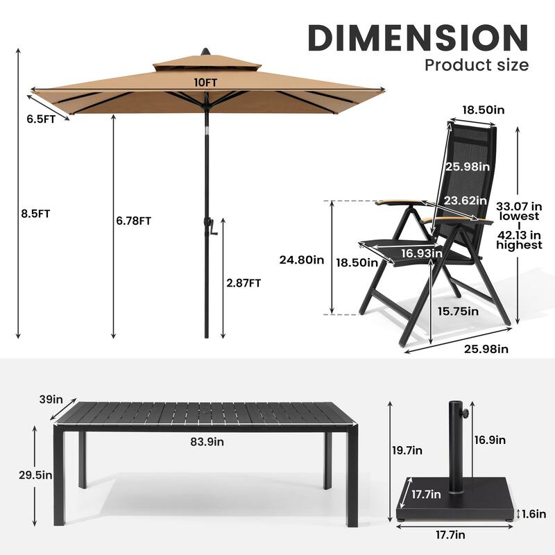 9/11-Piece Outdoor Patio Dining Set Aluminum Dining Table and Chairs w/10 ft Market Umbrella and Base