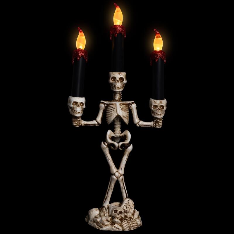 Dripping Flameless Candles Skeleton Halloween Candelabra - 14.5" - Amber Lights