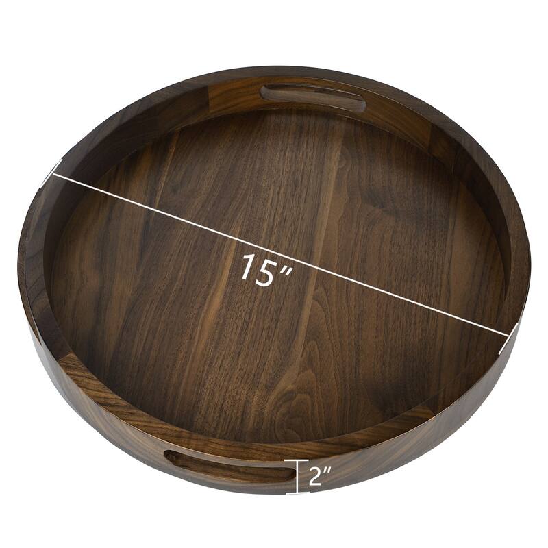 KINWELL Round Black Walnut Wood Serving Tray Ottoman Tray with Handles
