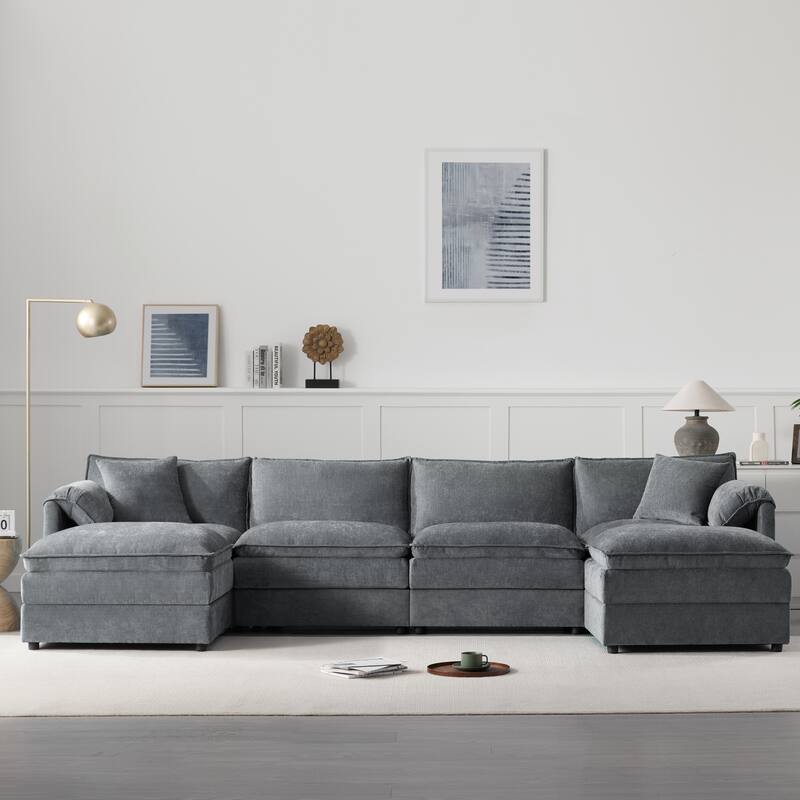 136" Chenille Modular Sectional Sofa, U Shaped, 6 Seat with Movable Ottomans, Dark Gray