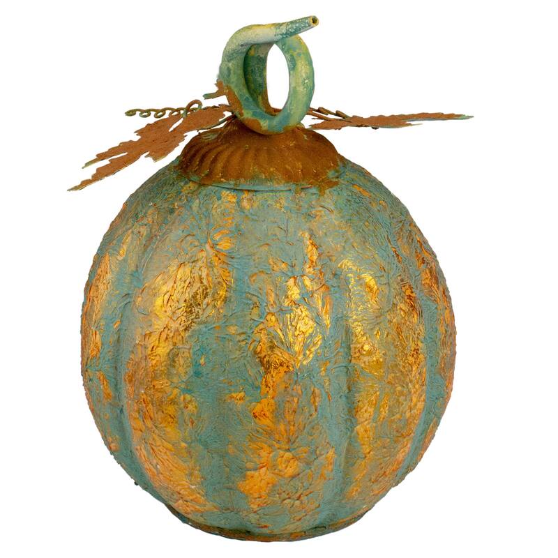 13" Autumn Harvest Pumpkin Metal Decoration - Orange and Green