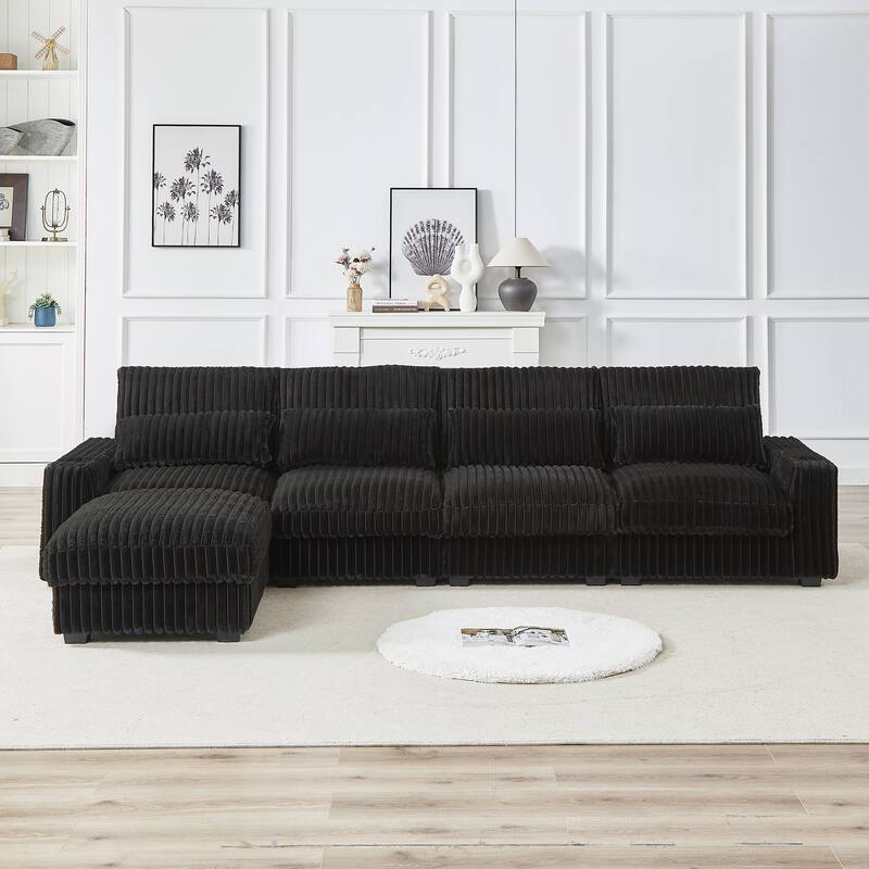 L-Shaped Modular Sectional Sofa with Ottoman, Oversized Corduroy Upholstered Sofa, 4-Seater Sofa with Cup Holders & Charge Port