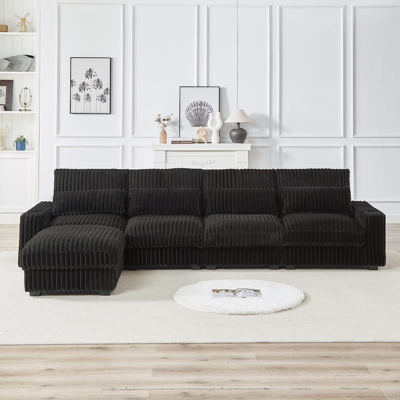 Super Large 126-Inch Corduroy L-Shaped Sofa with Cup Holders, USB Port, Movable Footrest, and 8 Cushions.