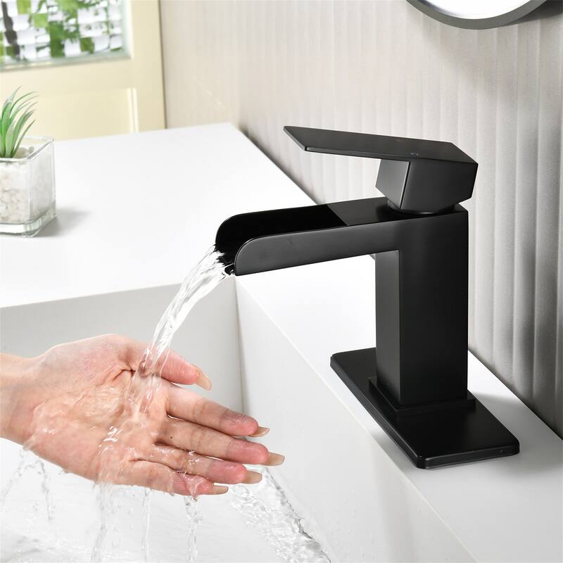 Waterfall Single Handle Bathroom Sink Faucet with Pop-up Drain 304 Stainless Steel 1 Hole Basin Vanity Taps