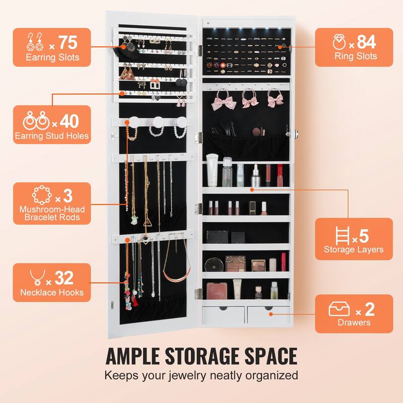 2-in-1 Full Length Mirror Jewelry Cabinet Armoire Wall Door Mounted Organizer with Lock - 14.6 x 3.9 x 47.5in