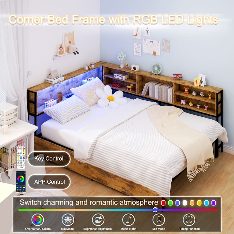 Kids Corner Bed with Storage, Twin/Full Daybed with Drawers, Bookcase Headboard with Charging Station & LED Lights