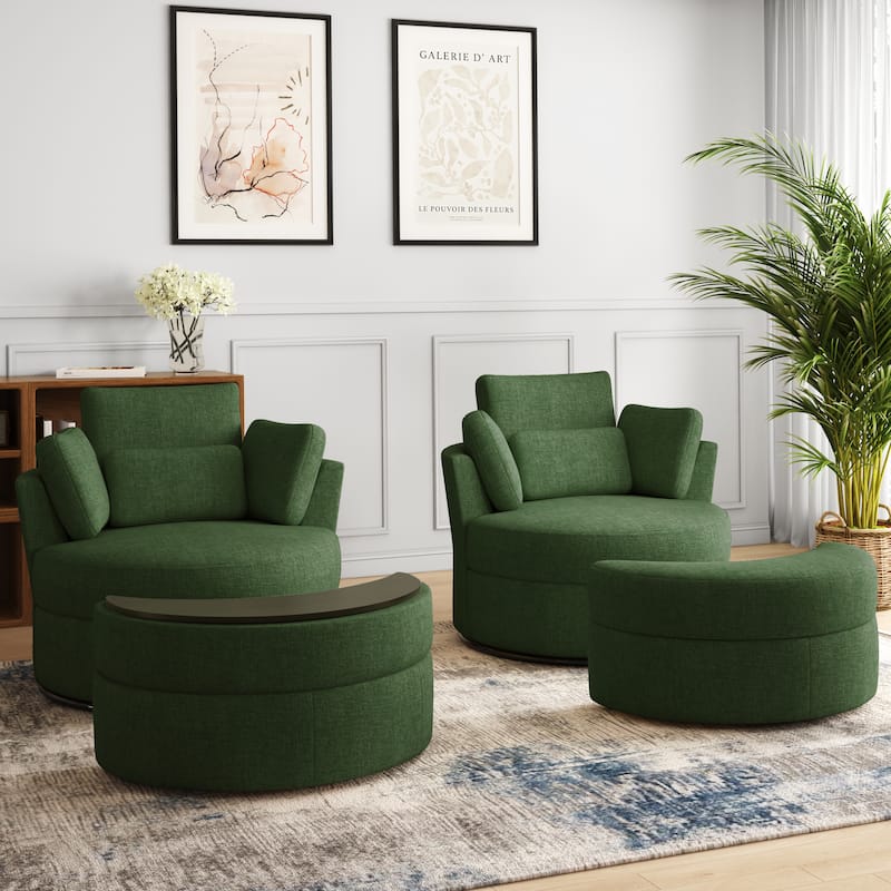 Upholstered Barrel Swivel Chairs with Moon Ottoman (Set of 2)