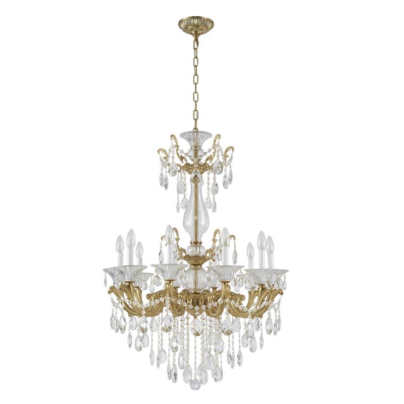 10-Light Satin Brass Metal Chandelier With Clear Hanging Crystals