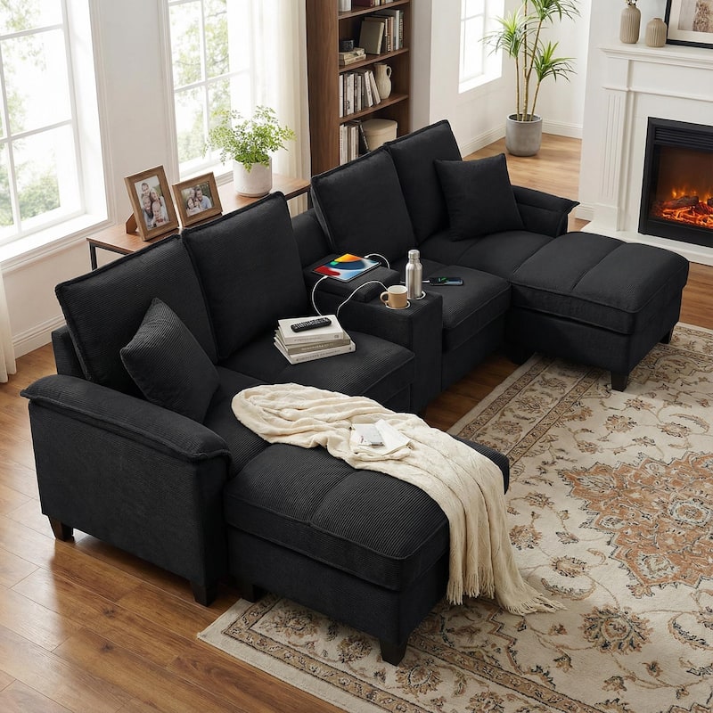 Homy Casa 120" U-Shaped Modular Corduroy Sectional Sofa Bed w/ Storage, Cup Holders & USB, 4-Seat (Beige/Green/Gray/Black) - Black