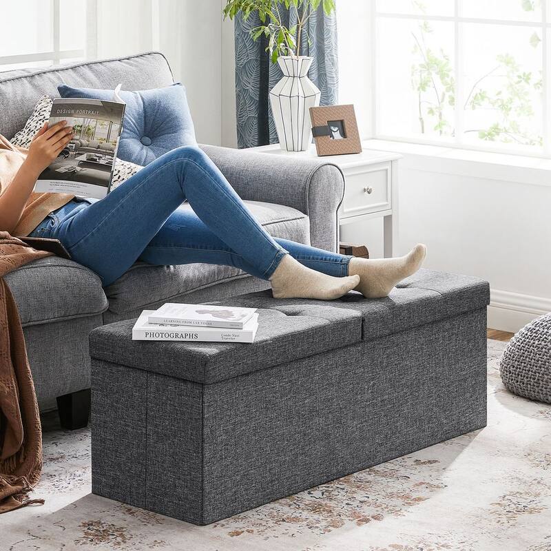 43.3 Inches Slate Grey Folding Storage Ottoman Bench with Flip-up Lid and Padded Seat -