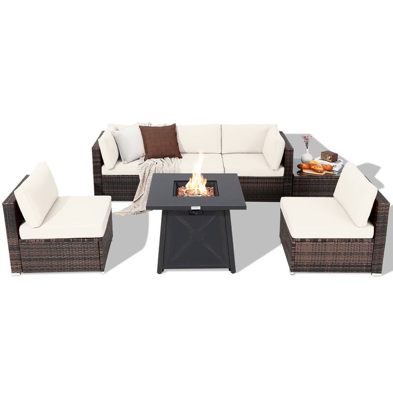 Costway 7PCS Patio Rattan Furniture Set Fire Pit Table Cover Cushion - See Details