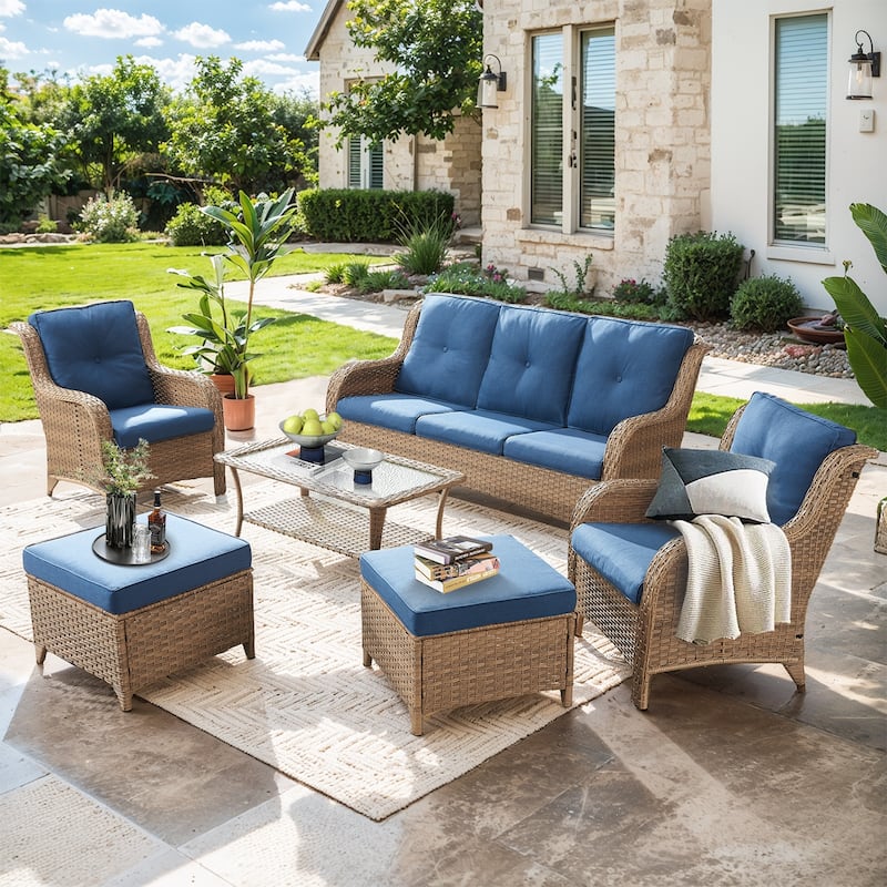 Pocassy 6 Pieces Outdoor 3-Seat Sofa Chairs Table Ottoman - Yelllow Wicker - Blue cushion