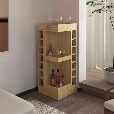 FM FURNITURE Lamer Corner Bar Cabinet with Wine Rack and Open Shelf, Natural Oak