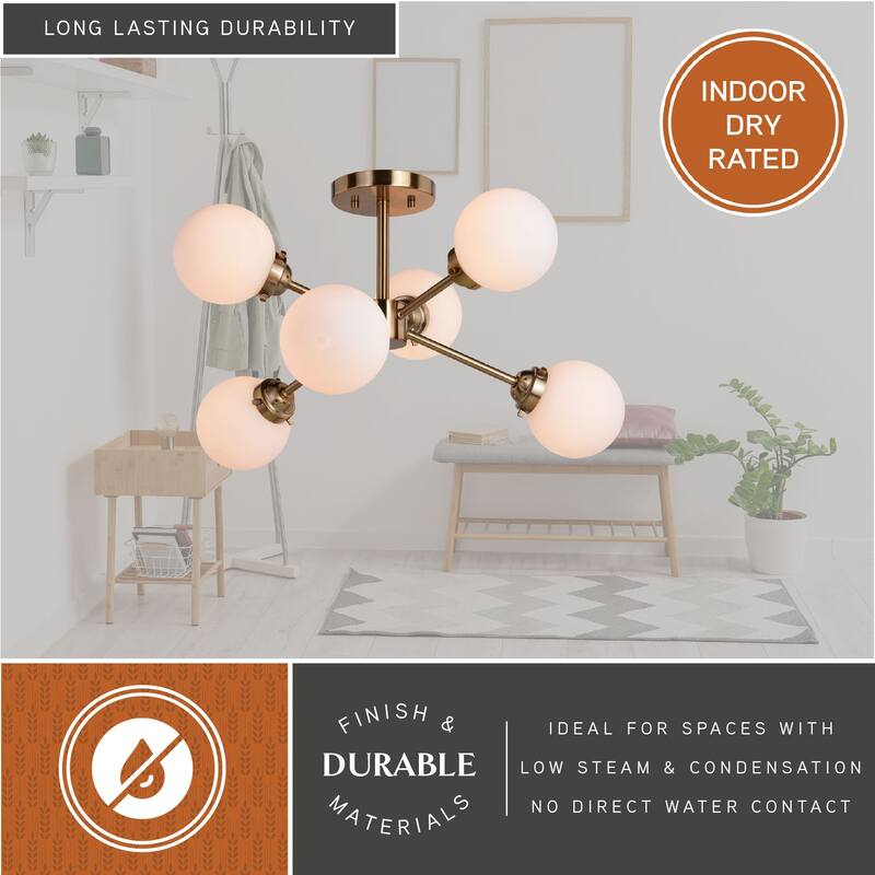Orbit Brass Industrial Sputnik Semi Flush Mount Ceiling Light White Glass
