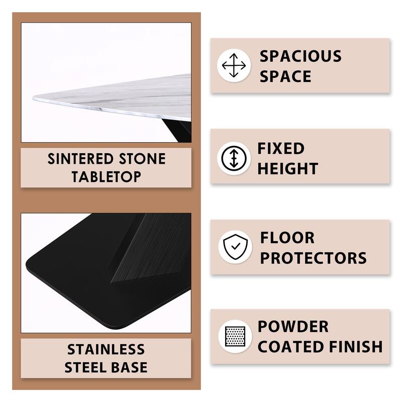 Voren Dining Table with Stone or Glass Tabletop in Black Steel Base
