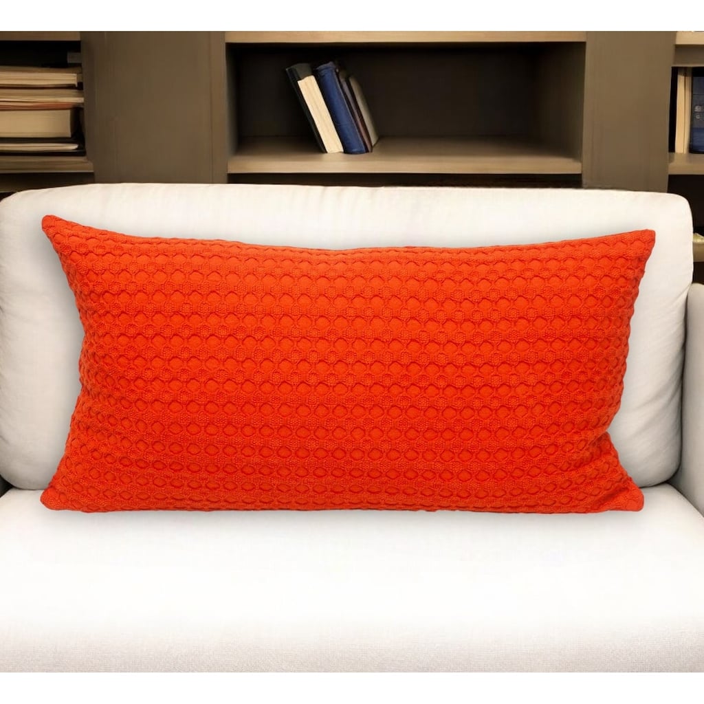 14" X 26" Orange Cotton Lumbar Throw Pillow with Texture