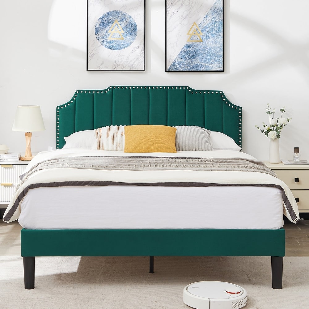 Javlergo Upholstered Platform Bed with Height Adjustable Nailhead Trimmed Curved Headboard Heavy Duty No Box Spring Needed Bed