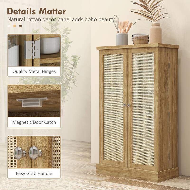 Modern Buffet Kitchen Pantry Cabinet with Adjustable Shelves and Side Racks, Small Storage Organizer Cabinet with Doors - Natural Wood