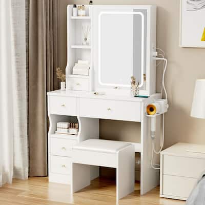 Desktop Vanity Table with Adjustable LED Mirror, USB Ports and Stool