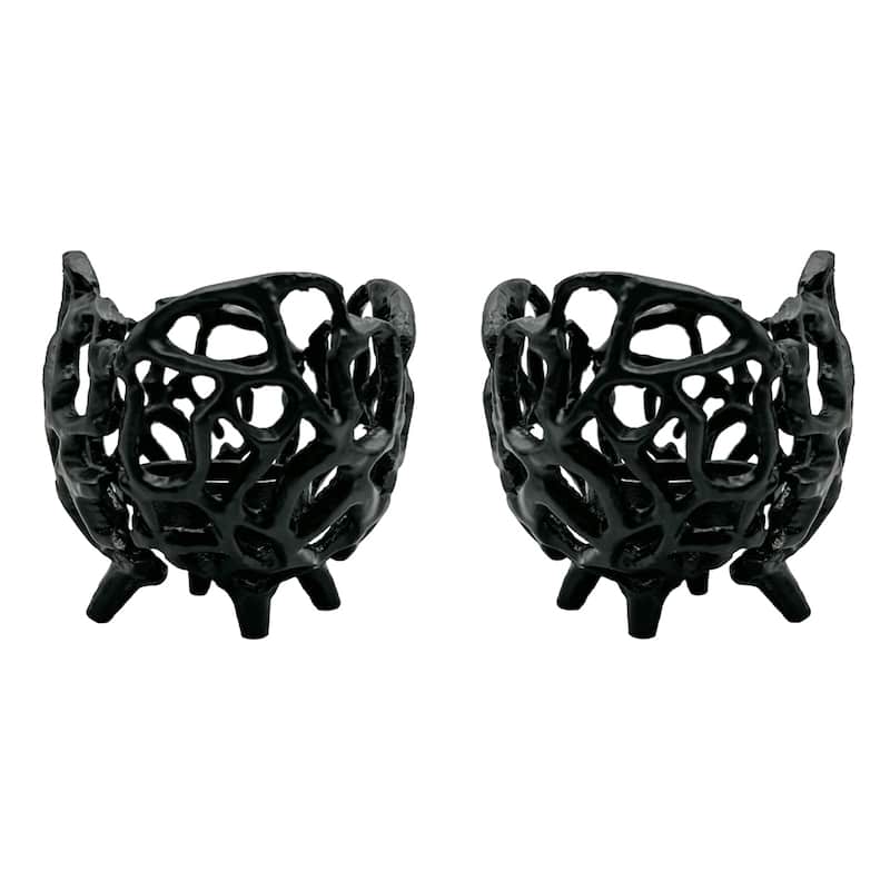 Decorative Handmade Aluminum Round Votive Candle holder Set of 2 - Small (4 x 4 x 4 in) - Black